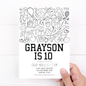 Sports Doodles Birthday Invitation | Digital or Printed Invitations