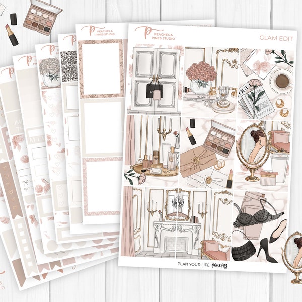 Glam Edit - Vertical Planner Stickers | Erin Condren Stickers - Weekly Planner Kit - Flower Shopping Glamour Makeup Dessous Lipstick Jewelry