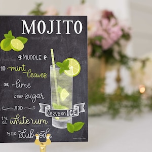 Cocktail Recipe Wall Art | Mojito | Wall Decor Prints | Bar Chalkboard | Wedding Bar Sign | Chalk Art | Bar Decor For Wall | Bar Decor Print