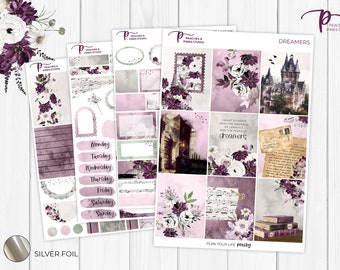 Dreamers - Vertical Planner Stickers | Erin Condren Stickers - FOILED Weekly Planner Kit - Violet Purple Florals - Dark Dreamy Music Silver