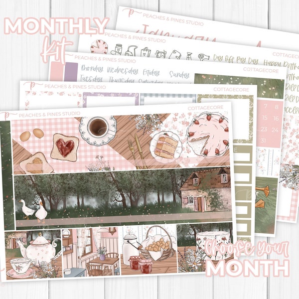 Cottagecore - Monthly Kit | Erin Condren Aufkleber - Standard vertikaler Planer Kit - Blumen Cottage - Frühling Bauernhaus - Landleben