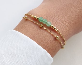 Fine double row bracelet, aventurine bracelet, satellite chain bracelet, Christmas gift, natural stone bracelet.