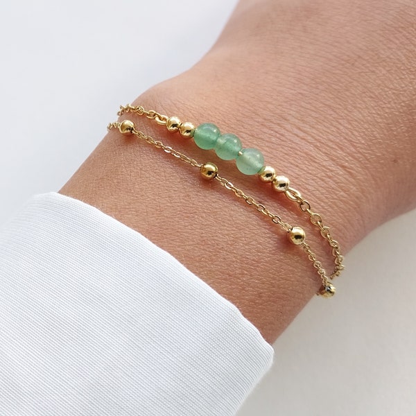 Fine double row bracelet, aventurine bracelet, satellite chain bracelet, Christmas gift, natural stone bracelet.