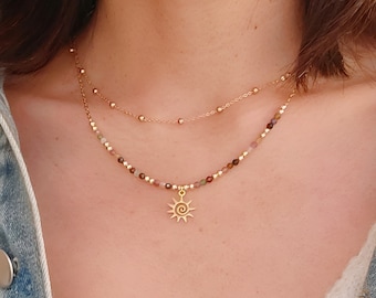 Toermalijn kralenketting, dubbele rij ketting, zonhangerketting, natuursteenketting, fijne gouden ketting, verjaardagscadeau