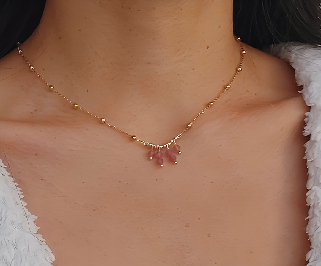 Pink Tourmaline Necklace, Fine and Delicate Necklace, Satellite
