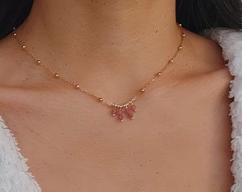 Collier tourmaline rose, collier fin et délicat, collier chaîne satellite, collier pampilles or, cadeau pour elle, bijou pierre naturelle.