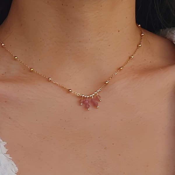 Collier tourmaline rose, collier fin et délicat, collier chaîne satellite, collier pampilles or, cadeau pour elle, bijou pierre naturelle.