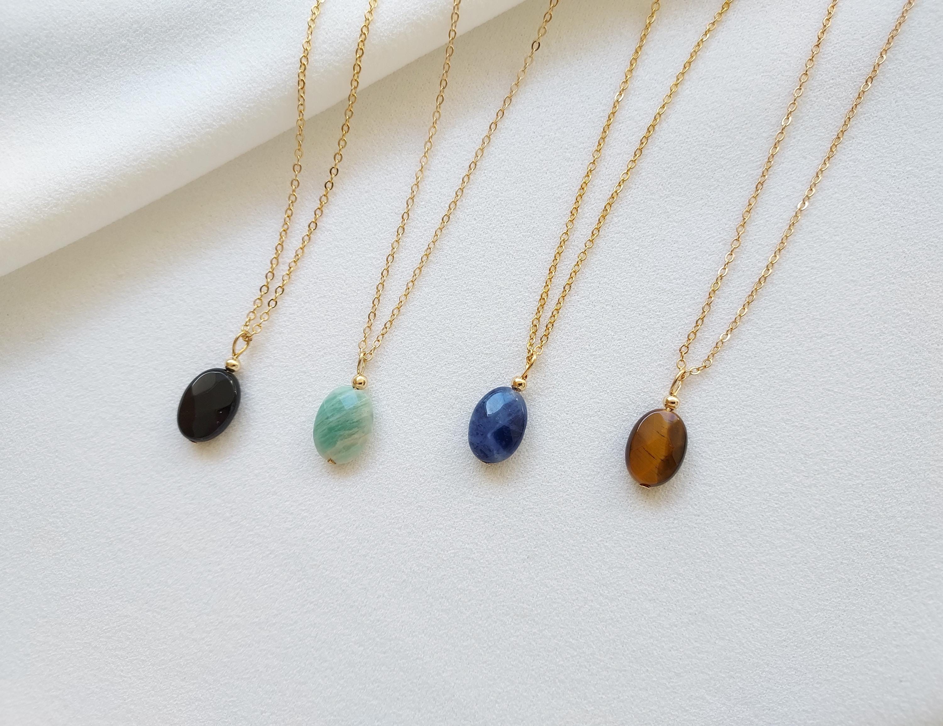 Collier Pour Femme Avec Pendentif Ovale En Amazonite Naturelle - Pierre Bleue Saphir - Monture Plaqué Or - Cadeau Idéal
