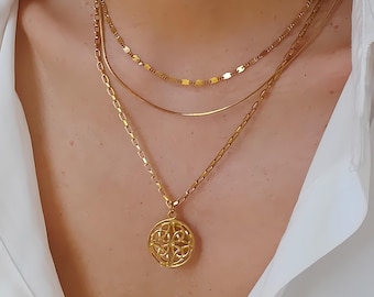 Gold Celtic medallion necklace, trinity knot necklace, multi-layered stainless steel chain, spiritual jewelry, eternal gift