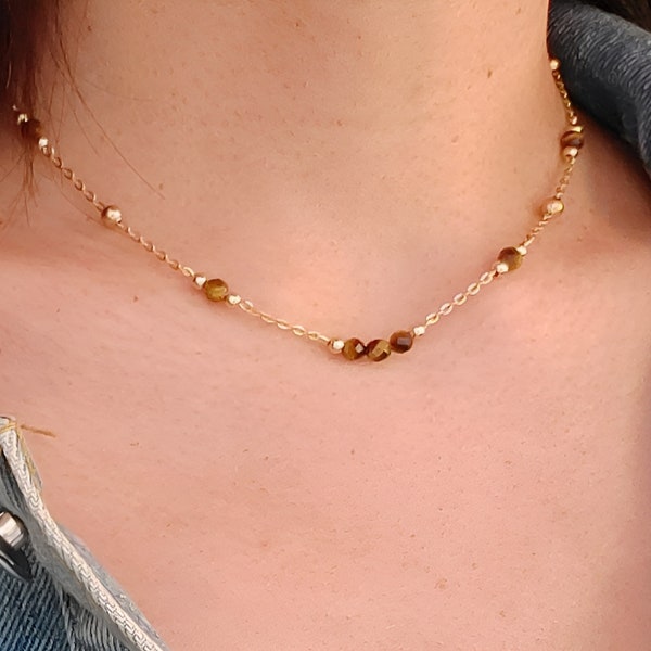 Tigerauge Halskette, Goldkette, Choker Halskette, Tigerauge Perlenkette, Geschenk für Sie, Mama Schmuck.