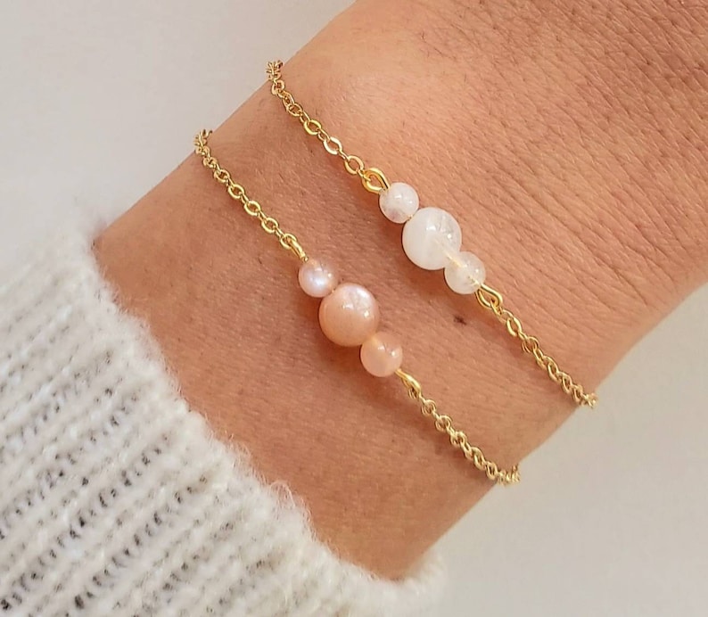 Pulsera piedra luna, pulsera mujer, pulsera oro fino, pulsera oro fino, piedra luna blanca, piedra luna rosa, regalo de navidad. imagen 1