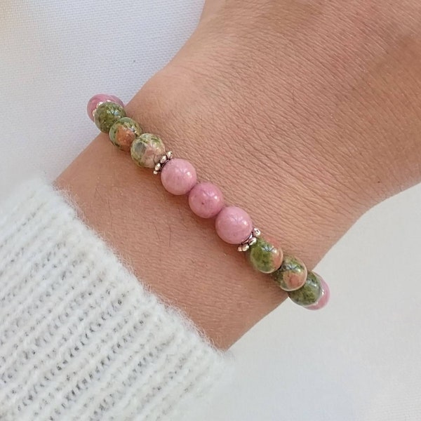 Bracelet rhodonite, unakite, bracelet pierre naturelle.