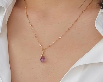 Amethyst teardrop necklace, fine gold necklace, natural stone necklace, teardrop stone pendant, February birthstone, gift idea for mom