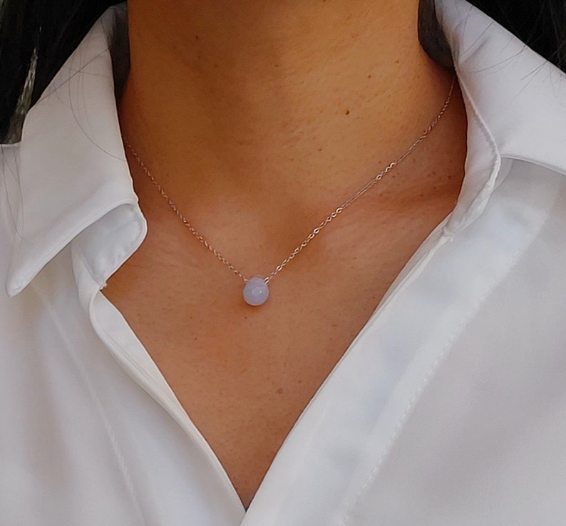 Faceted drop blue chalcedony necklace, women's jewelry gift, very fine chain. image 5