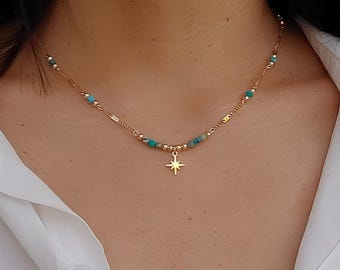 Collier fin et délicat, collier perles turquoise, collier pendentif étoile, bijou minimaliste pour elle, cadeau plein d'amour.