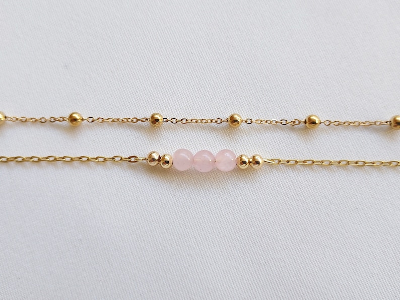 Bracelet fin double rangs, bracelet quartz rose, bracelet chaîne satellite, cadeau Noël, bracelet en pierre naturelle. image 4