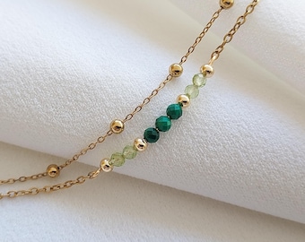 Green beaded bracelet, double row gold bracelet, malachite bracelet, peridot bracelet, stainless steel, fine jewelry, Mother's Day gift.