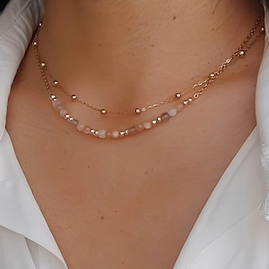 Double strand moonstone necklace, pearl necklace, gold satellite chain, choker necklace, women's jewelry, birthday gift.