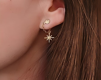 Earrings with North Star pendant, gold stainless steel chips, thin and light, anniversary gift.