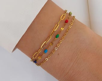 Multi-strand bracelet, gold stainless steel bracelet, multi-colored pearl chain, trendy bracelet, multi-layered bracelet.