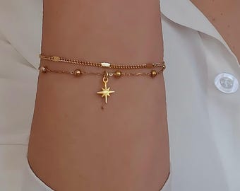 Minimalist bracelet, double-row bracelet, North Star bracelet, stainless steel bracelet, gift idea for sister, delicate and fine jewelry