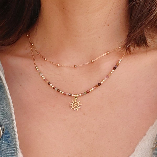 Collier perles de tourmaline, collier  double rangs, collier pendentif soleil, collier pierre naturelle, chaîne fine or, cadeau anniversaire