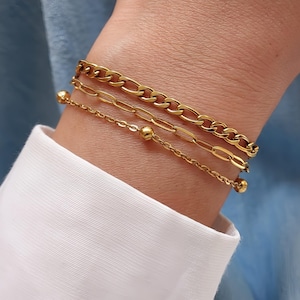 Triple row bracelet, multi-chain bracelet, gold stainless steel bracelet, gift idea for mom, women&#39;s jewelry,