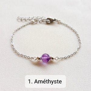 bracelet pierre naturelle, bracelet femme, bracelet en acier inoxydable, amethyste, aigue-marine, grenat, pierre de lune, cadeau Noël. 1. Améthyste