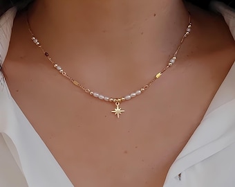 Collier perle d'eau douce naturelle, collier or étoile, collier subtil et discret, collier pierre naissance juin, cadeau mariage intemporel