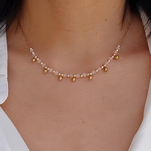 White pearl and gold necklace, natural moonstone necklace, necklace with small gold ball charms, bridal jewelry, future wife gift.