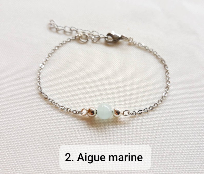 bracelet pierre naturelle, bracelet femme, bracelet en acier inoxydable, amethyste, aigue-marine, grenat, pierre de lune, cadeau Noël. 2. Aigue marine