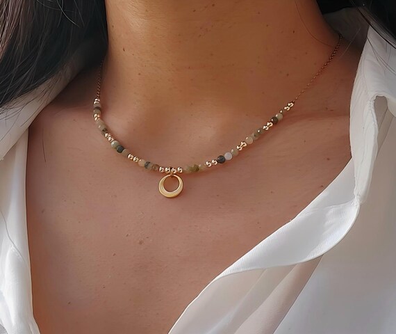 Collier Perles De Jade Néphrite De Sibérie - Chaîne Acier Inoxydable, Neuf Avec étiquettes