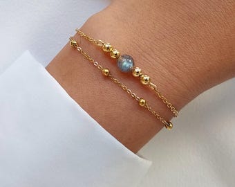 Labradorite Bracelet, Fine Multi-row Stainless Steel Bracelet