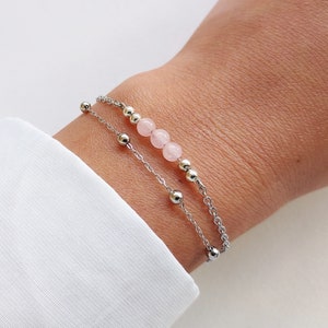 Bracelet fin double rangs, bracelet quartz rose, bracelet chaîne satellite, cadeau Noël, bracelet en pierre naturelle. image 5
