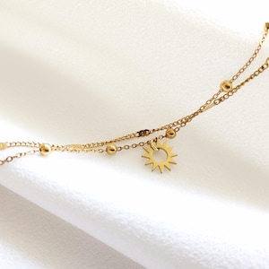 Bracelet with sun pendant, double gold chain bracelet, stainless steel bracelet, gift idea for women, fine and elegant jewelry