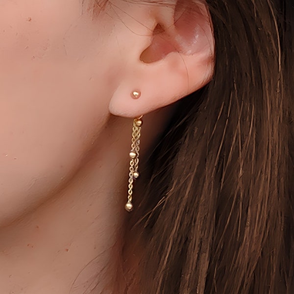 Boucles d'oreilles pendantes, chaîne boule en acier inoxydable doré, boucles d'oreilles puces perles or, bijou  femme, cadeau anniversaire.