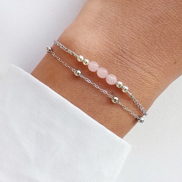 Bracelet quartz rose, bracelet fin double rangs, bracelet chaîne satellite, cadeau Noël, bijou pour femme.