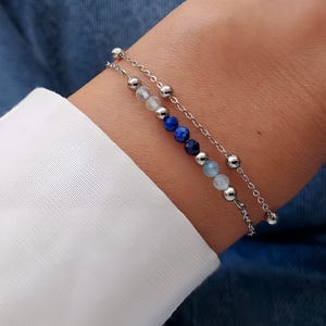 Lapislazuli-Armband, Aquamarin-Armband, Set aus zwei Armbändern, natürliche blaue Perlen, silberner Edelstahl, Sommertrend.