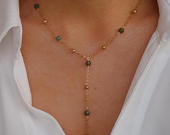 Trendy Y-shaped necklace, gold lasso necklace, green pearl necklace, green moss agate necklace, women's jewelry, gift for my sister, natural stone necklace