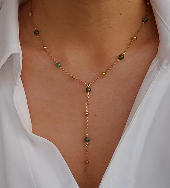 Collier tendance Y, collier lasso or, collier perle verte, collier agate mousse verte, bijou femme, cadeau ma soeur, collier pierre naturell