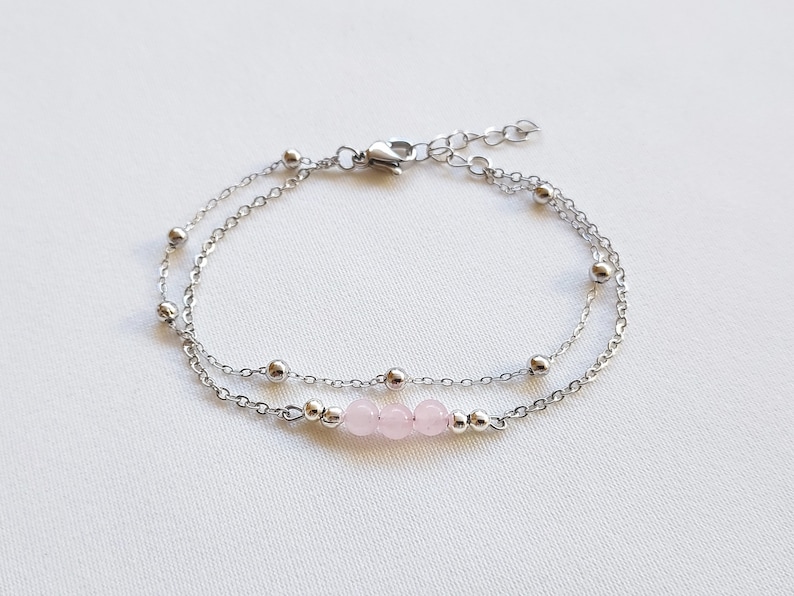 Bracciale Malocchio Donna Argento 925 - Doppia Catena Con Perline E Zirconi - Regolabile 17+4cm - Regalo Con Scatola - 4