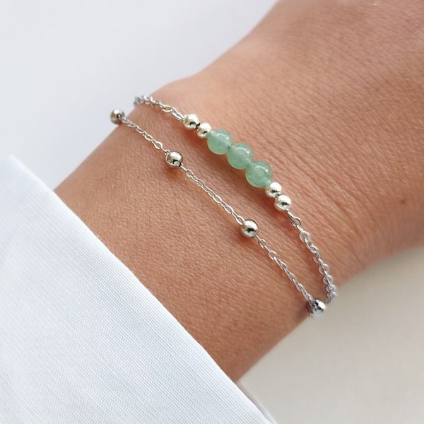 Bracelet fin double rangs, bracelet aventurine, bracelet chaîne satellite, cadeau Noël, bracelet en pierre naturelle.