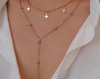 Lot de 2 colliers, collier or superposé, ensemble de deux colliers, collier Y, collier cravate, breloques étoiles, bijou tendance.