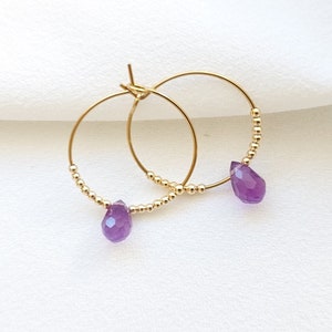 Earrings with stone pendant, stainless steel hoops, amethyst drop, party jewelry, gift idea for women.