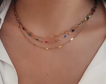 Three-layer necklace, stainless steel necklace, gold chain necklace, multi-chain necklace, multi-coloured enamel necklace, women's necklace.