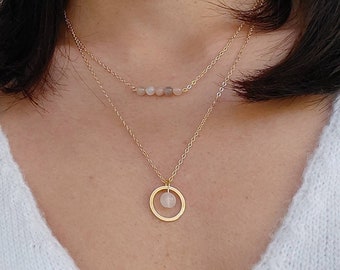 Collier pierre de lune, collier femme délicat, cadeau Noël femme, collier double rangs, collier pierre naturelle.