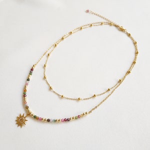 Collier perles de tourmaline, collier double rangs, collier pendentif soleil, collier pierre naturelle, chaîne fine or, cadeau anniversaire image 2