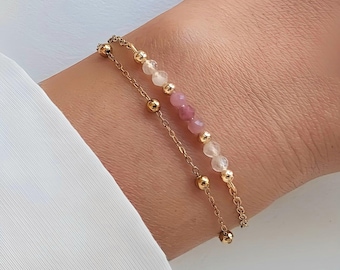 Pink and white pearl bracelet, two-chain bracelet, tourmaline bracelet, moonstone bracelet, minimalist gold jewelry, friendship gift.