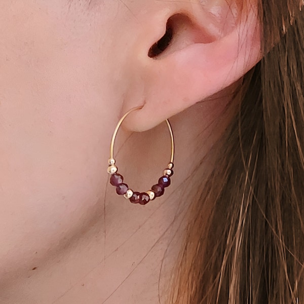 Natural stone hoop earrings, garnet pearl earrings, boho style hoop earrings, January birthstone.