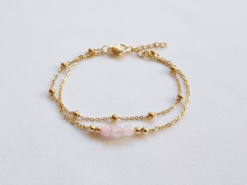 Bracelet fin double rangs, bracelet quartz rose, bracelet chaîne satellite, cadeau Noël, bracelet en pierre naturelle. image 3